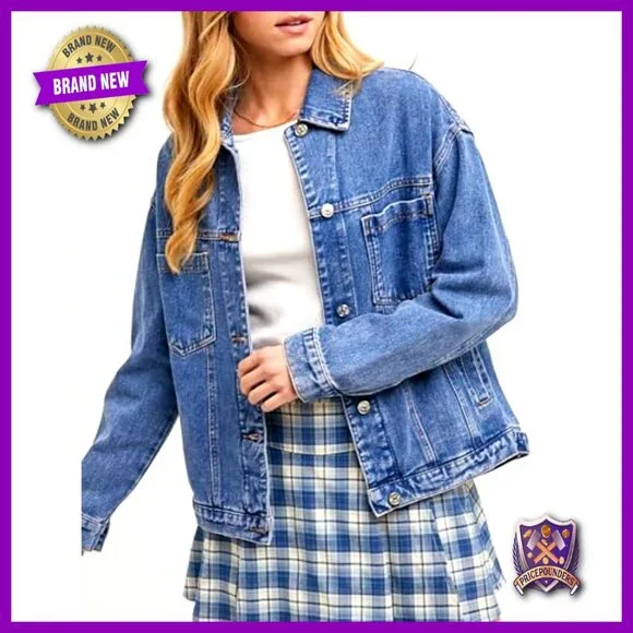 Classic Distressed Denim Jacket Oversized Y2K Vintage Button Down Long Sleeve